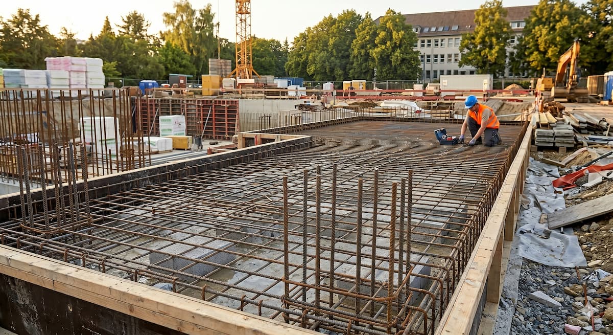 Fachgerechte Verlegung von Bewehrungsstahl für ein Fundament in Aachen