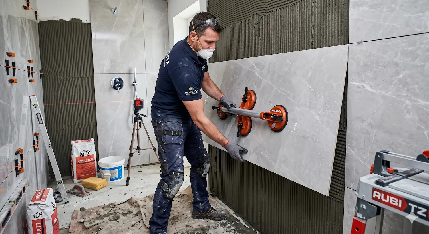 Verlegung von XXL-Großformatfliesen im Badezimmer durch Roosenboom
