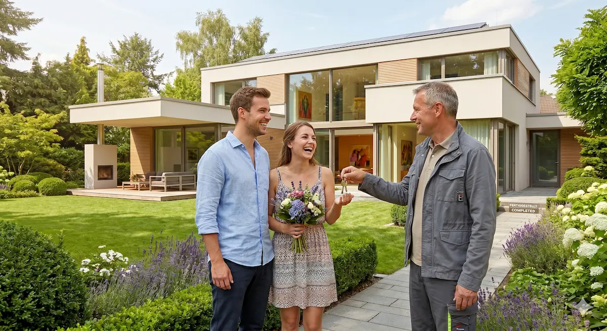 Erfolgreiche Schlüsselübergabe nach Hausbau zum Festpreis in NRW
